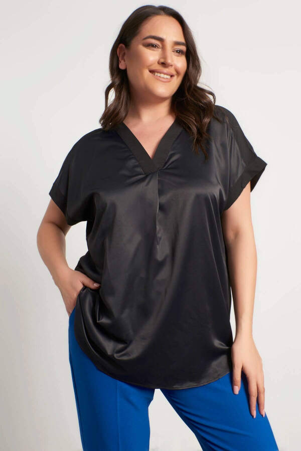 V-Neck Short Sleeve Satin Blouse - 1