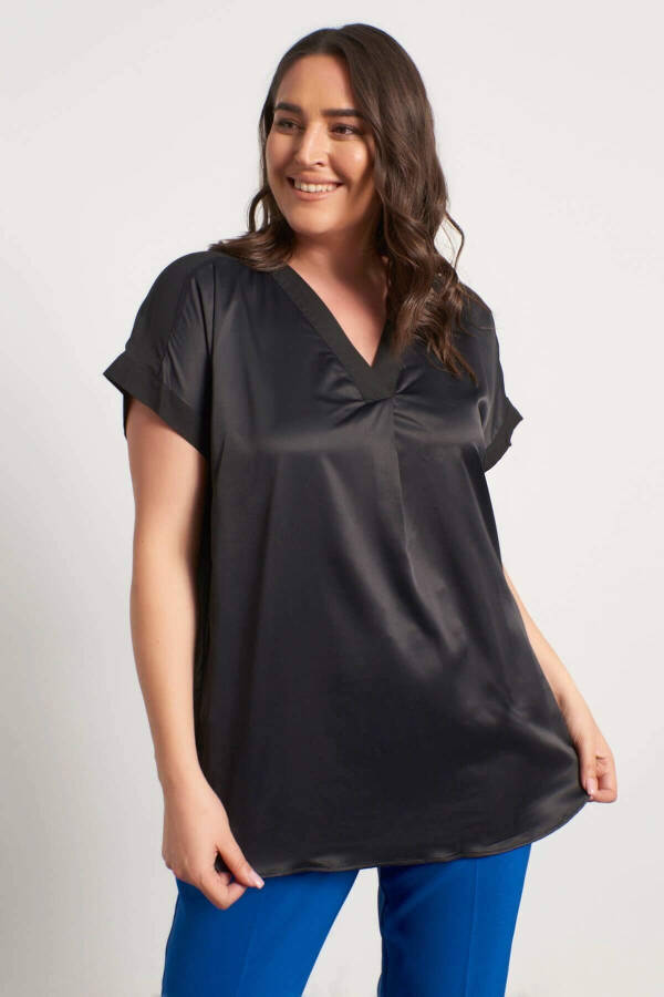 V-Neck Short Sleeve Satin Blouse - 2