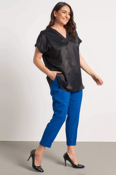 V-Neck Short Sleeve Satin Blouse - 4