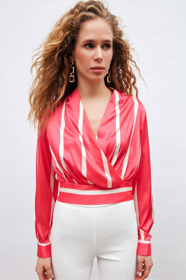 V-Neck Striped Blouse - Fuchsia - 1