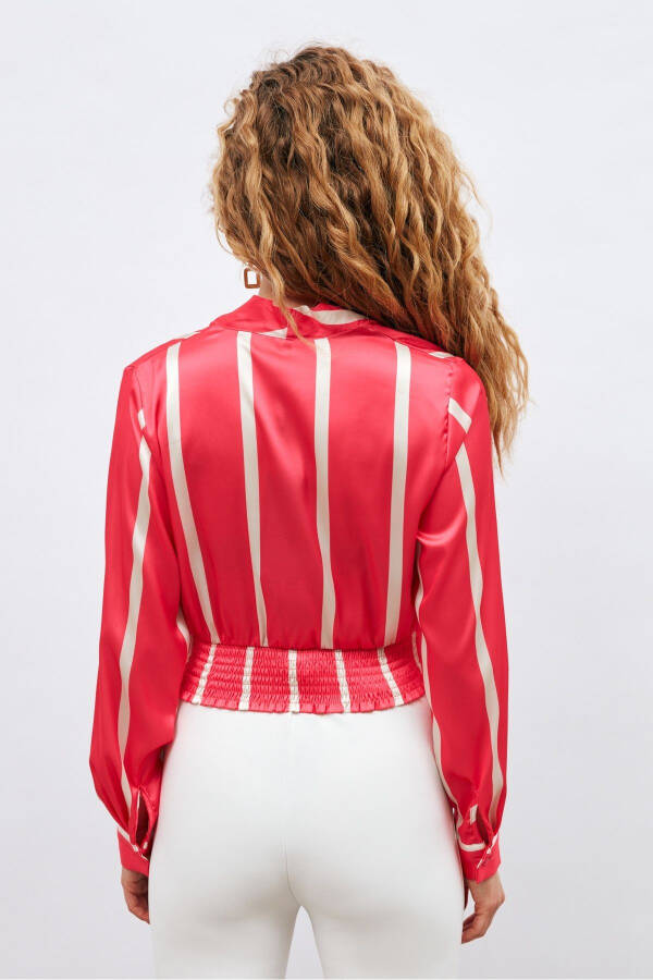 V-Neck Striped Blouse - Fuchsia - 5