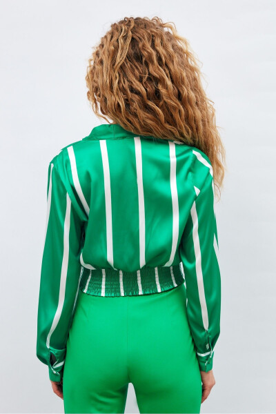 V-Neck Striped Blouse - Green - 5