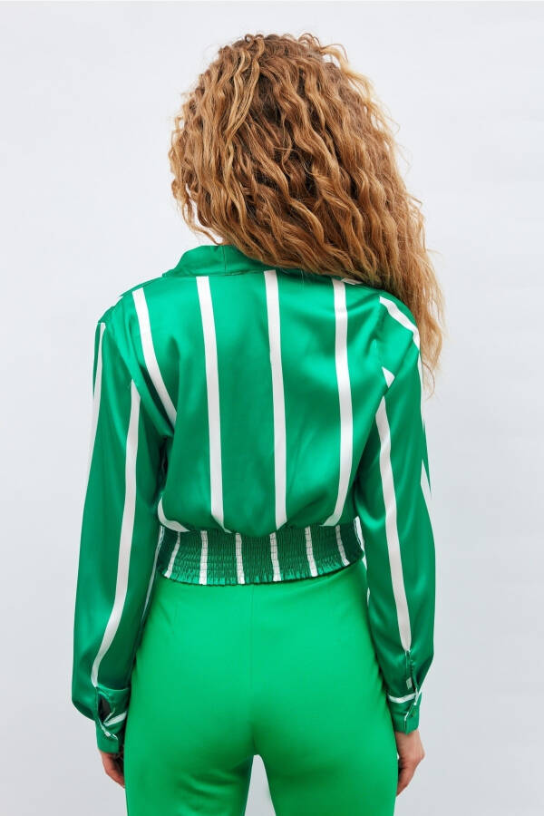 V-Neck Striped Blouse - Green - 10