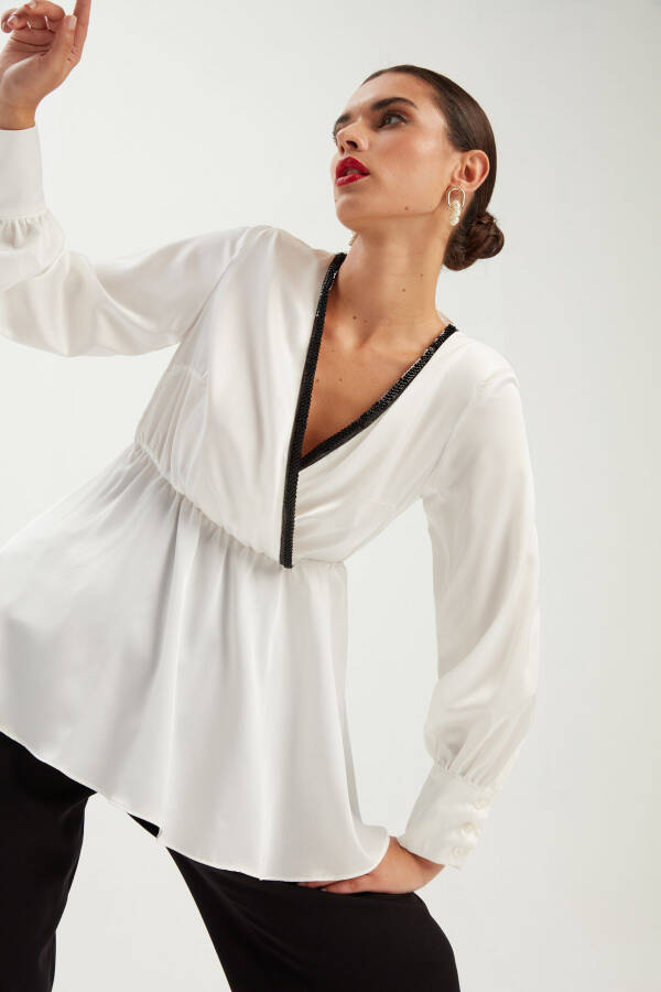 V-Neck Wrap Blouse with Collar Detail - Ecru - 1