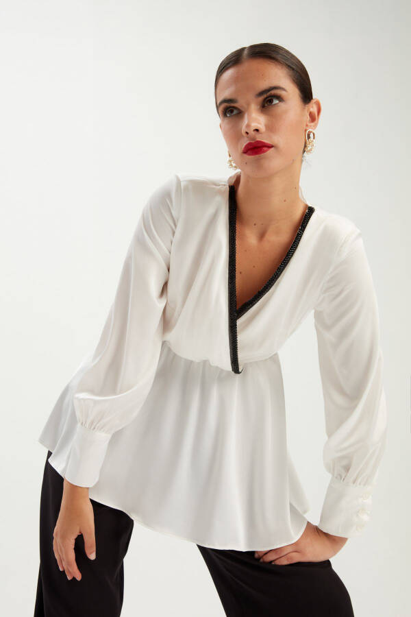 V-Neck Wrap Blouse with Collar Detail - Ecru - 3