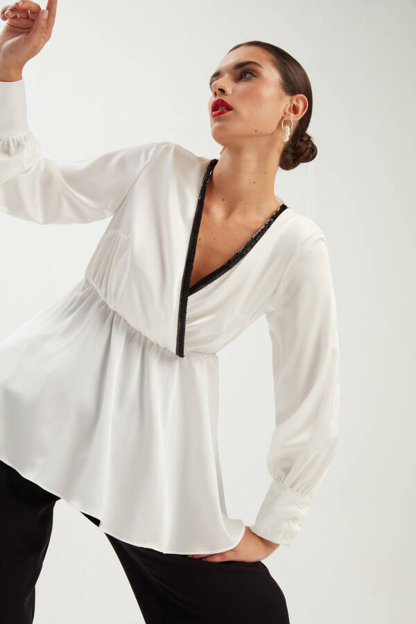 V-Neck Wrap Blouse with Collar Detail - Ecru - 7