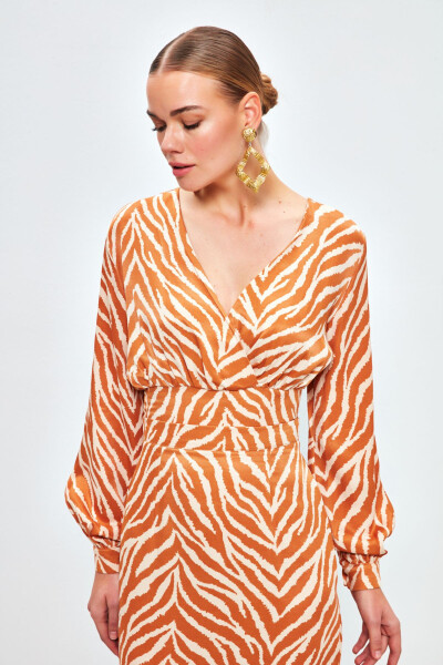 V-Neck Zebra Print Satin Blouse - CAMEL - 2