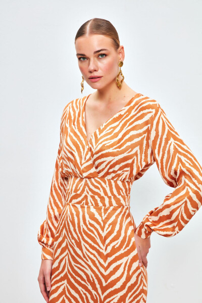 V-Neck Zebra Print Satin Blouse - CAMEL - 3