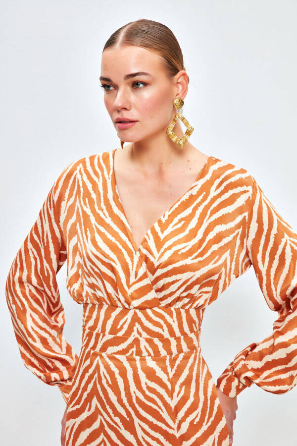 V-Neck Zebra Print Satin Blouse - CAMEL - 5