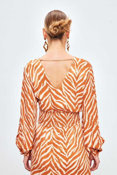 V-Neck Zebra Print Satin Blouse - CAMEL - 6