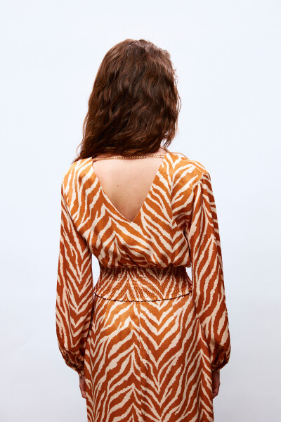 V-Neck Zebra Print Satin Blouse - CAMEL - 10