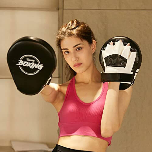 Valleycomfy Boxing Curved Focus Punching Mitts - Leatherette Training Hand Pads - 7