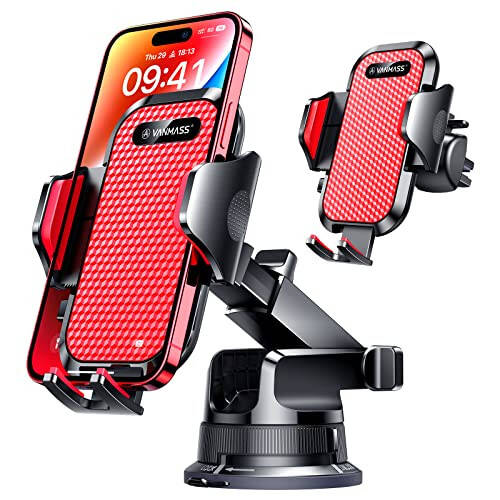 VANMASS [Pro Version] Universal Car Phone Mount [Super Suction Cup] Dashboard Phone Holder, Handsfree Windshield Dash Vent Phone Holder Car, Compatible for iPhone 15 14 13 12 Samsung LG & Truck, Red - 1