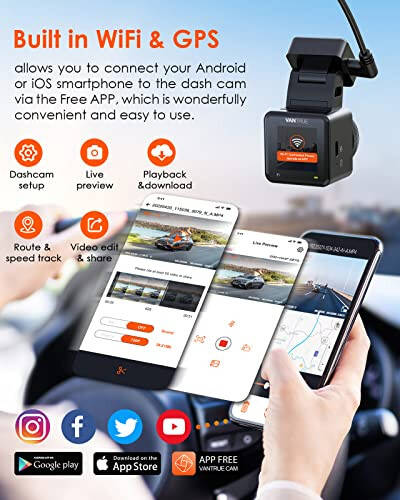 Vantrue E1 2.7K WiFi Mini Dash Cam, Автомобильный видеорегистратор с голосовым управлением, GPS&Скорость, Суперночная съемка, Беспроводной контроллер&Приложение, Режим парковки 24 часа, Буферное обнаружение движения, Поддержка до 512 ГБ - 4