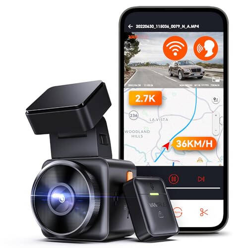 Vantrue E1 2.7K WiFi Mini Dash Cam, Ovozli boshqarishli oldingi avtomobil dash kamerasi, GPS&Tezlik, Super tungi ko'rish, Simsiz boshqarish qurilmasi&Ilovalar, 24 soatlik to'xtash rejimi, Buferli harakatni aniqlash, Maksimal 512GB qo'llab-quvvatlash - 1