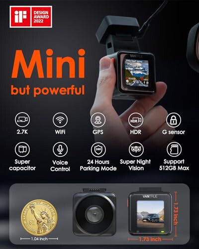 Vantrue E1 2.7K WiFi Mini Dash Cam, Ovozli boshqarishli oldingi avtomobil dash kamerasi, GPS&Tezlik, Super tungi ko'rish, Simsiz boshqarish qurilmasi&Ilovalar, 24 soatlik to'xtash rejimi, Buferli harakatni aniqlash, Maksimal 512GB qo'llab-quvvatlash - 2