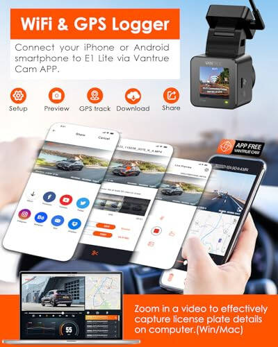 Vantrue E1 Lite 1080P WiFi Mini Dash Cam GPS ve Hız Göstergesi ile, Ücretsiz Uygulama, Sesli Kontrol Çıkarılabilir Dash Kamera, 24 Saat Park Modu, Gece Görüşü, Hareket Algılama, Döngü Kaydı, Maksimum 512GB Destek - 4