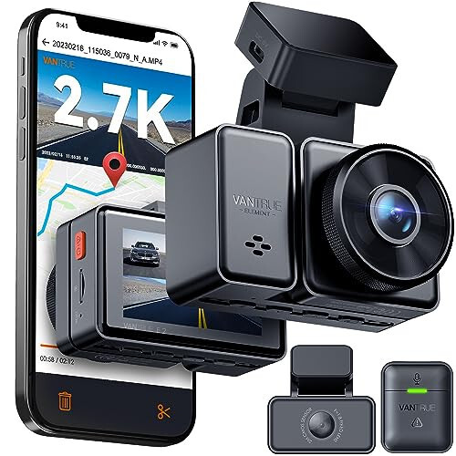 Vantrue E2 Oldingi va Orqa Ko'rinish Dash Cam, Ovozli boshqarish, 2.7K + 2.7K Ikki tomonlama Dash Kamera, WiFi, GPS, STARVIS Kechasi ko'rish, Buferli To'xtash rejimi, G-Sensor, 2.45