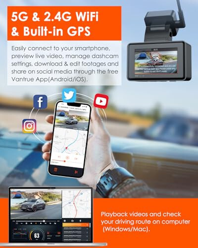 Vantrue E2 Oldingi va Orqa Ko'rinish Dash Cam, Ovozli boshqarish, 2.7K + 2.7K Ikki tomonlama Dash Kamera, WiFi, GPS, STARVIS Kechasi ko'rish, Buferli To'xtash rejimi, G-Sensor, 2.45