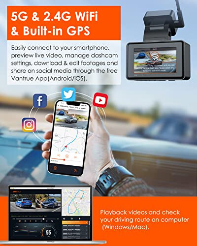 Vantrue E2 Ön ve Arka Görüntülü Dash Cam, Sesli Kontrol, 2.7K + 2.7K Çift Dash Kamera, WiFi, GPS, STARVIS Gece Görüşü, Tamponlu Park Modu, G-Sensörü, 2.45