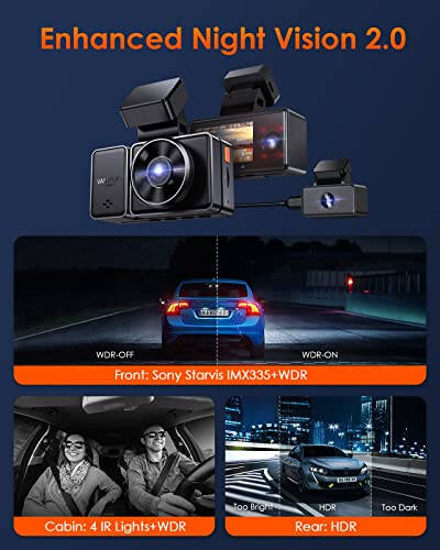 Vantrue E3 3 Kanal 2.7K WiFi Dash Cam GPS, Sesli Kontrol, Starvis IR Gece Görüşü, 24 Saat Tamponlu Park Modu, 3 Yönlü 1944P+1080P+1080P Ön ve Arka İç Dash Kamera, 512GB'a Kadar Destek - 3