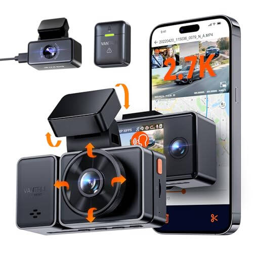 Vantrue E3 3 Kanal 2.7K WiFi Dash Cam GPS, Sesli Kontrol, Starvis IR Gece Görüşü, 24 Saat Tamponlu Park Modu, 3 Yönlü 1944P+1080P+1080P Ön ve Arka İç Dash Kamera, 512GB'a Kadar Destek - 4