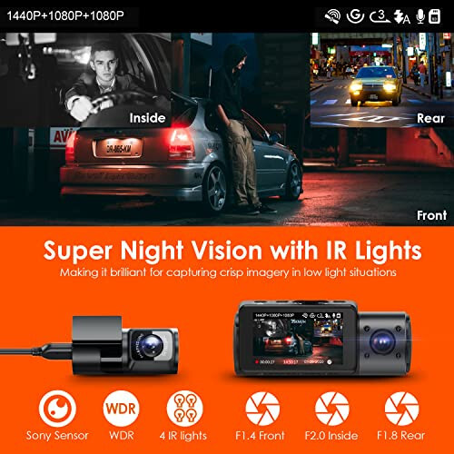 Vantrue N4 3 Channel Dash Cam, 4K+1080P Front and Rear, 1440P+1440P Front and Inside, 1440P+1440P+1080P Three Way Triple Car Camera, IR Night Vision, 24 Hours Parking Mode, Support 256GB Max - 3