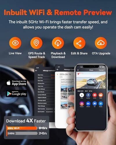 Vantrue S1 Pro 2.7K Ön ve Arka 5G WiFi Çift Dash Cam, STARVIS 2 HDR Gece Görüşü, LTE Desteği, 1440P 60FPS Gizli Araç Dash Kamerası, GPS, Sesli Kontrol, 7/24 Park Modu, Maksimum 512GB Desteği - 6