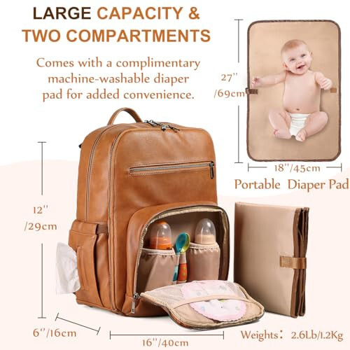 VASCHY Diaper Bag Backpack for Mum Dad, Unisex Large Waterproof Vegan Leather Baby Bag with Changing Pad, Insulated Pockets, Padded Laptop Sleeve for Travel, Brown - 3