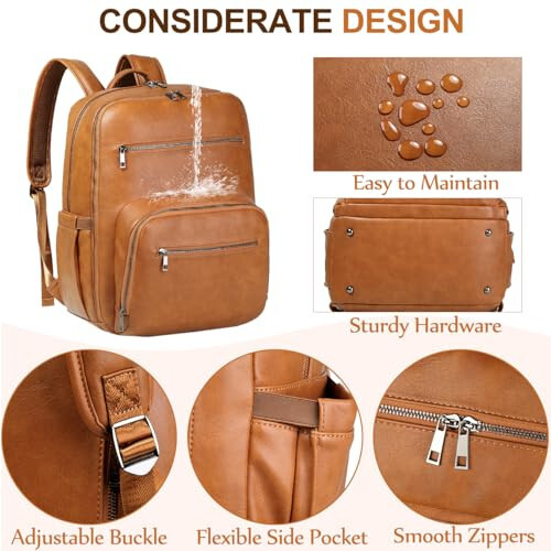 VASCHY Diaper Bag Backpack for Mum Dad, Unisex Large Waterproof Vegan Leather Baby Bag with Changing Pad, Insulated Pockets, Padded Laptop Sleeve for Travel, Brown - 4