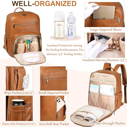 VASCHY Diaper Bag Backpack for Mum Dad, Unisex Large Waterproof Vegan Leather Baby Bag with Changing Pad, Insulated Pockets, Padded Laptop Sleeve for Travel, Brown - 5