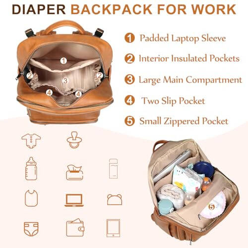 VASCHY Diaper Bag Backpack for Mum Dad, Unisex Large Waterproof Vegan Leather Baby Bag with Changing Pad, Insulated Pockets, Padded Laptop Sleeve for Travel, Brown - 6