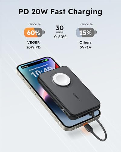 VEGER Taşınabilir Şarj Cihazı Dahili Kablolu (Çıkarılabilir), 10000mAh Mini Power Bank Pil Paketi, PD 20W Hızlı Şarj Seyahat Aksesuarı iPhone 15/14/13 Pro Max, Samsung, Apple Watch ile Uyumlu - Siyah - 3