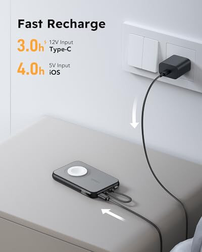 VEGER Taşınabilir Şarj Cihazı Dahili Kablolu (Çıkarılabilir), 10000mAh Mini Power Bank Pil Paketi, PD 20W Hızlı Şarj Seyahat Aksesuarı iPhone 15/14/13 Pro Max, Samsung, Apple Watch ile Uyumlu - Siyah - 6