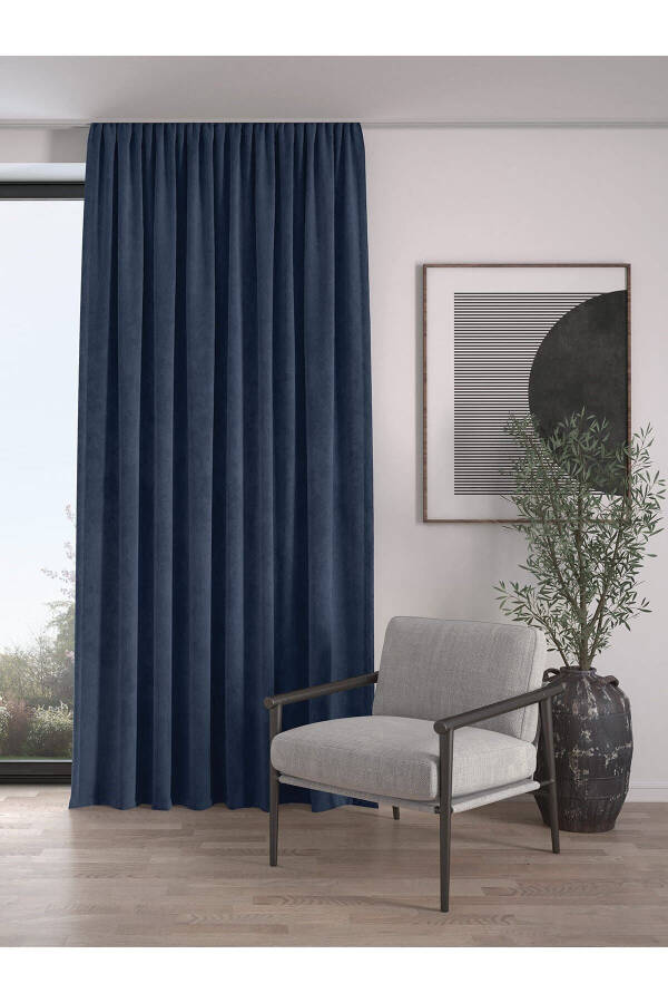 Velvet Textured Extrafor Pleated Navy Blue High Quality Blackout Curtain Single Panel - 1