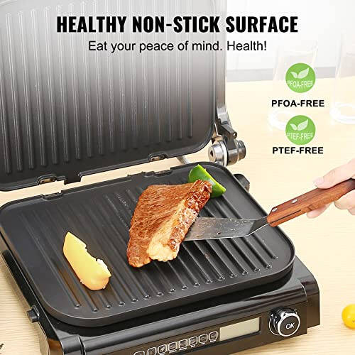 VEVOR 7 IN 1 Electric Contact Grill,1800W Indoor Panini Press Griddle,Stainless Steel Teppanyaki Grill with Nonstick&Removable Iron Plate, 0-446℉ Adjustable Temp Control,LCD Display,110V - 6