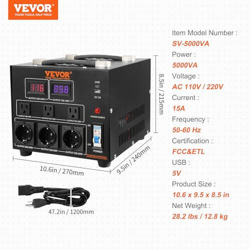 VEVOR Voltage Converter Transformer, 5000W, Heavy Duty Step Up/Down Transformer, Convert from 110 Volt to 220 Volt and from 220 Volt to 110 Volt, with US Outlet EU Outlet 5V USB Port, CE Certified - 7