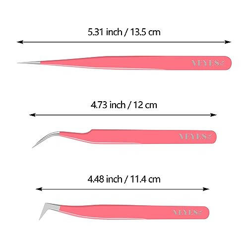 VEYES INC Lash Tweezers for Eyelash Extensions. Fiber Tip Tweezers Kit Contains Isolation,Curved and Volume Lash Tweezers (3pcs) Pink - 2