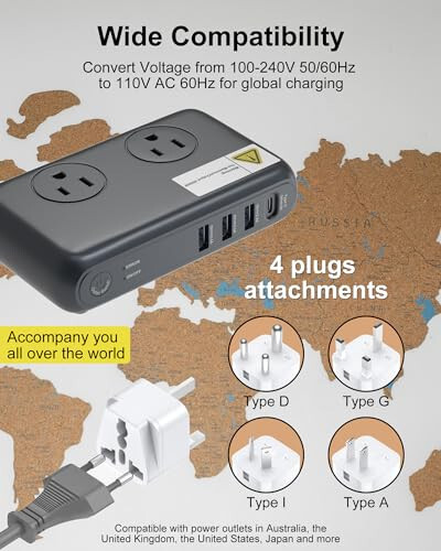 VHBW Universal sayohat adapteri 220V dan 110V ga kuchlanish konvertori 200W soch kıvırgich, teklashtiruvchi va zaryadlovchi qurilmalar uchun 3 portli USB, 1 Type C va Butun dunyo bo'ylab vilka adapteri (UK/AU/US/EU/in) - 3