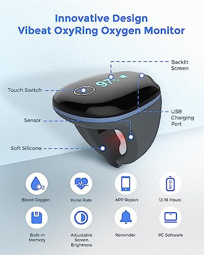 Vibeat OxyRing Doimiy Oksigen Monitori - Bluetooth Pul's Oksimetri Real Vaqtda Eslatma va Bepul Kompyuter Hisoboti bilan, 16 soat Oksigen Darajasi va Yurak Urishi Yozuvi uchun Kiyilishi Mumkin Bo'lgan Barmoq Oksigen Metri - 2