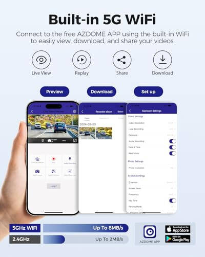 Видеорегистратор AZDOME M300S 4K с 5,8G Wi-Fi, SD-картой 64 ГБ, 170° фронтальной и задней камерой, GPS-голосом, ночным видением WDR, датчиком G, 24-часовым парковочным монитором, простым в установке, максимальная поддержка до 256 ГБ - 2