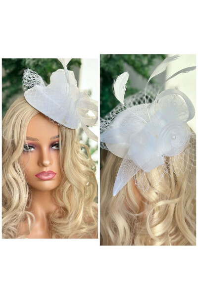 Vintage Custom Design Bridal Wedding Veil Feathered Rose Pearl Hat Hair Accessory Clip Hat Buckle White - 1