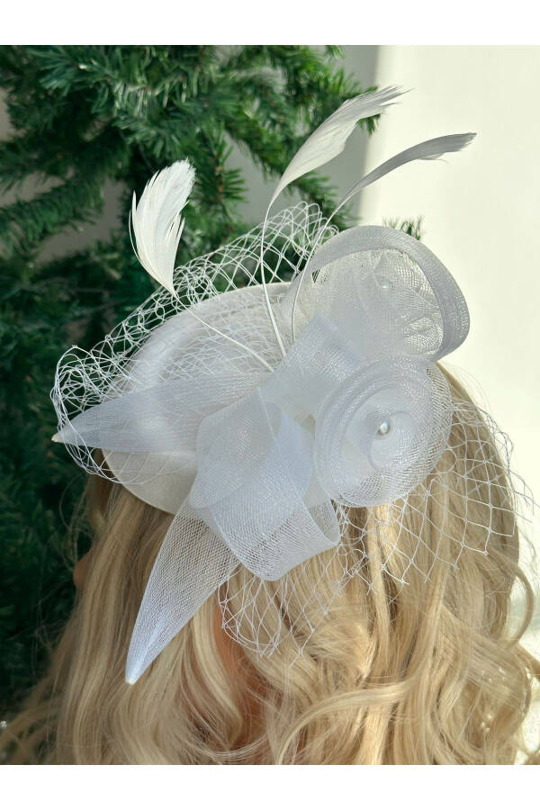 Vintage Custom Design Bridal Wedding Veil Feathered Rose Pearl Hat Hair Accessory Clip Hat Buckle White - 3