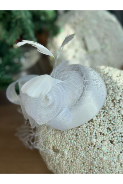 Vintage Custom Design Bridal Wedding Veil Feathered Rose Pearl Hat Hair Accessory Clip Hat Buckle White - 5