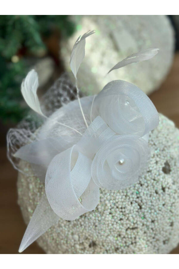 Vintage Custom Design Bridal Wedding Veil Feathered Rose Pearl Hat Hair Accessory Clip Hat Buckle White - 6