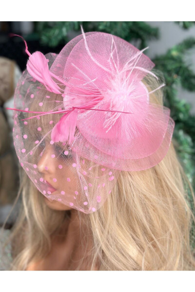 Vintage Custom Design Wedding Bridal Invitation Veil Tulle Feather Hat Hair Accessory Clip Pink - 3