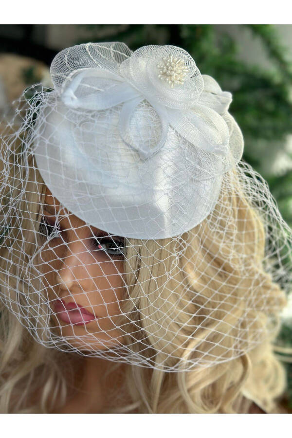 Vintage Design Bridal Wedding Long Veil Beaded Flower Hat Hair Accessory Cap Clip White - 1