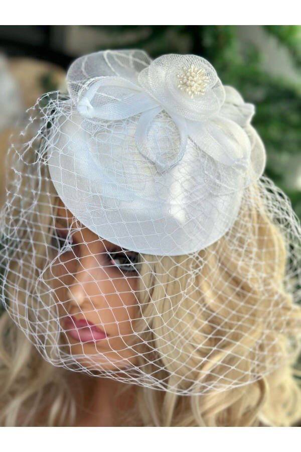 Vintage Design Bridal Wedding Long Veil Beaded Flower Hat Hair Accessory Cap Clip White - 4