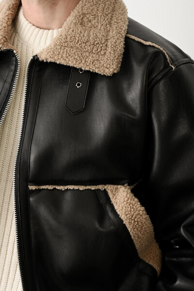 Vintage leather jacket/coat with fur detail, black/beige. - 2