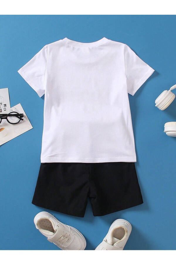 Vintage Printed Cotton Kids Black Shorts White T-shirt Set - Kids Summer Polo Collar - 2